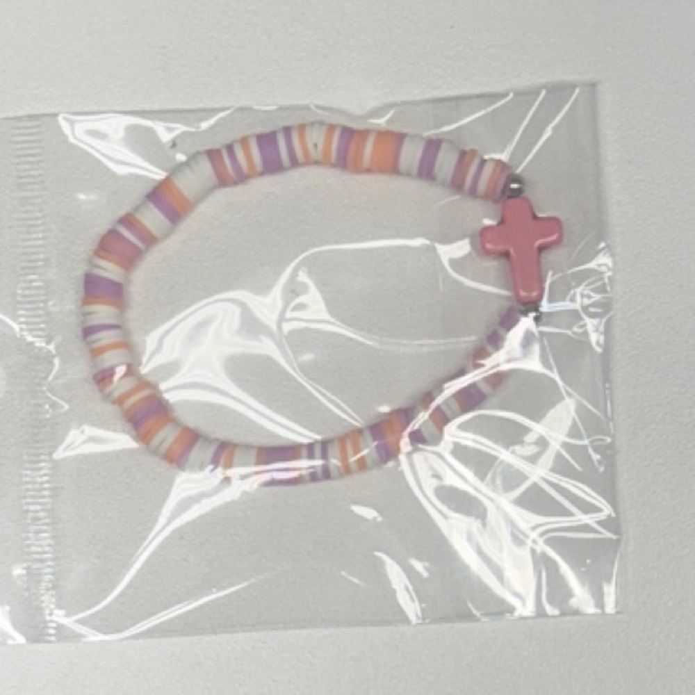 Pink Beaded Bracelet with Cross Charm